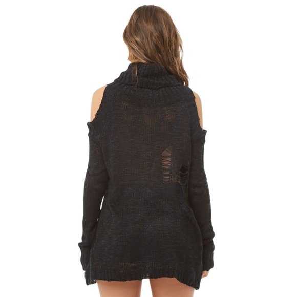 easel Distressed Open Shoulder Sweater - Black - Picture 2 of 5